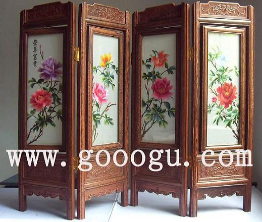 牡丹折疊刺繡屏風，四扇刺繡小屏風，蘇繡屏風