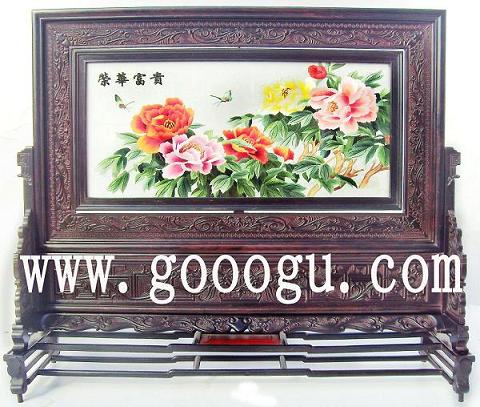 榮華富貴蘇繡，牡丹圖案刺繡，刺繡臺屏精品