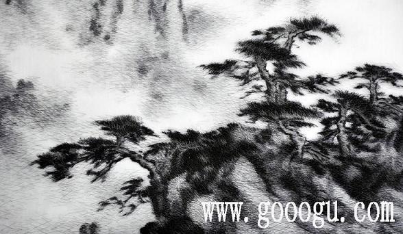 亂針繡精品，風景蘇繡畫，手工刺繡風景畫，黃山云海