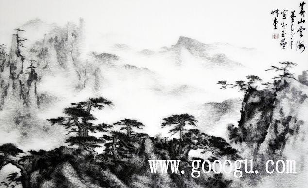 蘇繡刺繡畫，黃山云海風景裝飾畫，刺繡精品畫