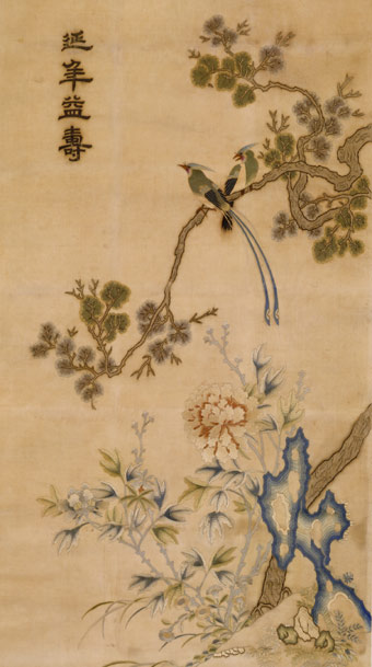 刺繡牡丹綬帶圖（軸），延年益壽，祝壽題材蘇繡，道光年間刺繡，宮廷繡品