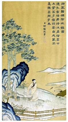 刺繡御制題桐蔭玩鶴圖（掛屏），宮廷繡品，刺繡名品